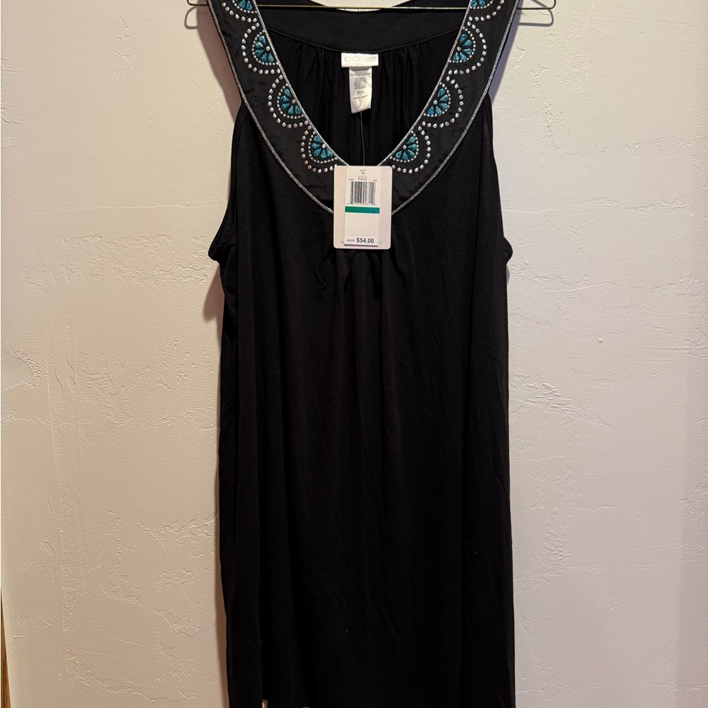 Dotti Black Dress with Blue Embroidered Neckline